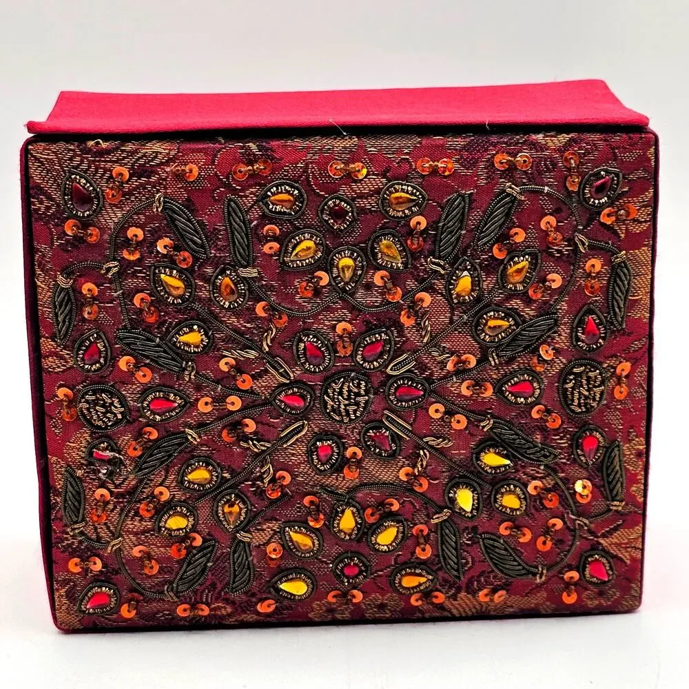 Red Satin Sequin Jewelry Box with Mirror Glam Vanity Organizer Boho Decor